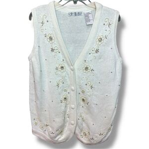 OHI Ivory Knit V-Neck Sweater Vest with Delicate Trim and Embellishments. Size M